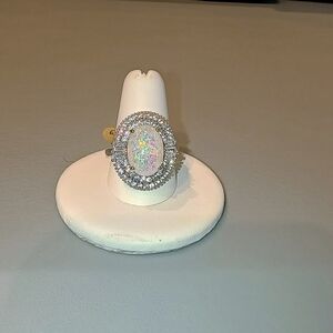 Opal Cocktail Ring With CZ Halo Rhodium Size 6